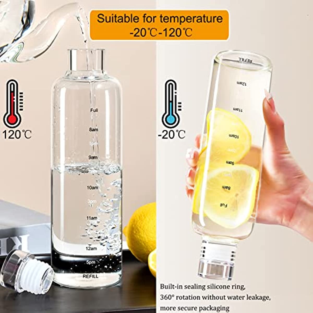  Botella de vidrio para agua con marcador de tiempo para  recordatorio, tapa adicional, reutilizable, boca ancha, a prueba de fugas,  botella de vidrio para bebidas con capacidad de 1 litro, sin