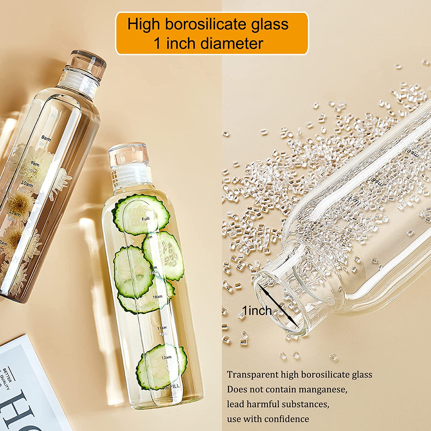 Reusable Glass Water Bottle High Quality 450ml with Lid Hello Master Graphic
