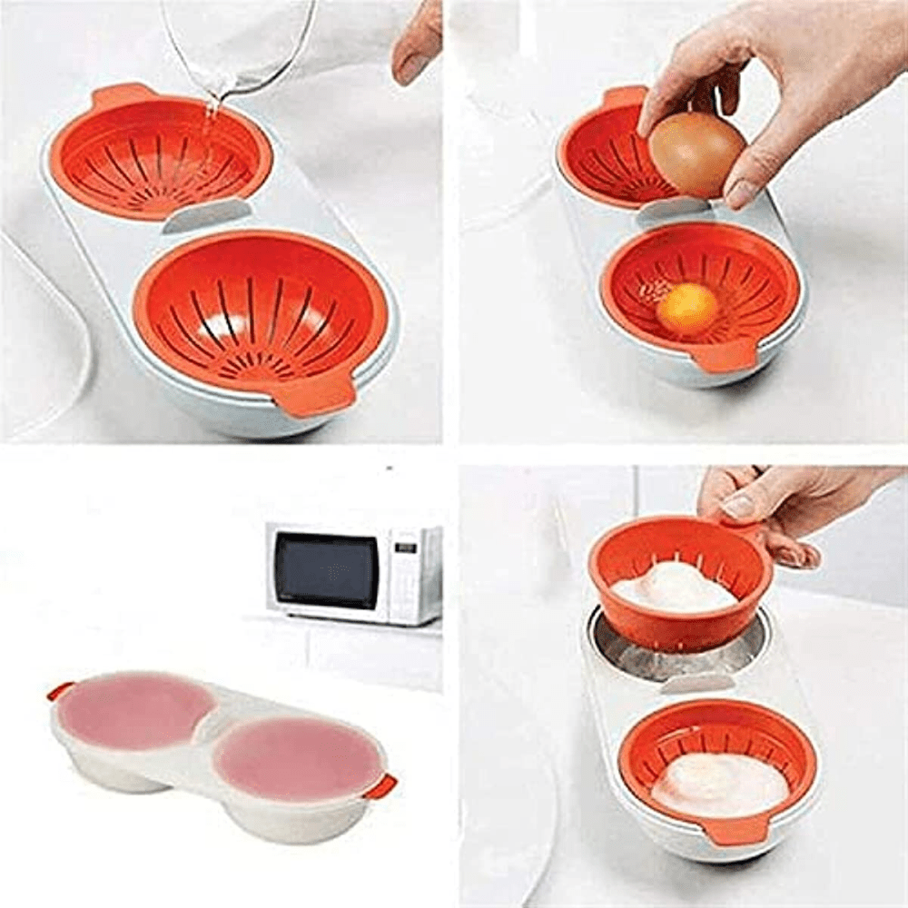 2 cup microwave egg poacher easy breakfast prep heat resistant bpa free   drain basket     eggs cake molds more     blue red details 6