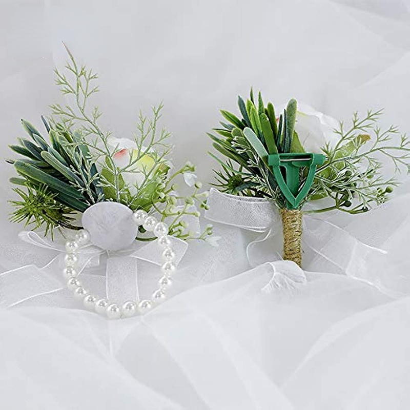 2pcs/Set Wrist Corsage Wristlet Band Bracelet and Men Boutonniere Set for  White Wedding Flower Accessories Prom Suit Decorations Homecoming Ceremony  Anniversary