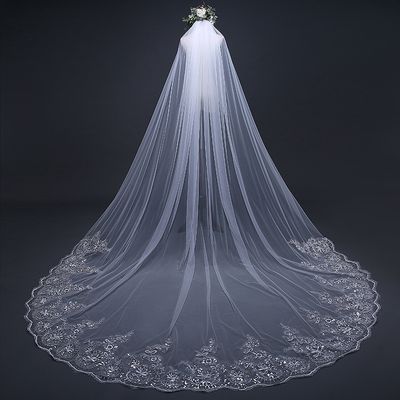 Wedding Veil Lace Edge Long Luxurious Bridal Veil Applique Sequins White/Ivory Veil With Comb Cathedral One-Layer