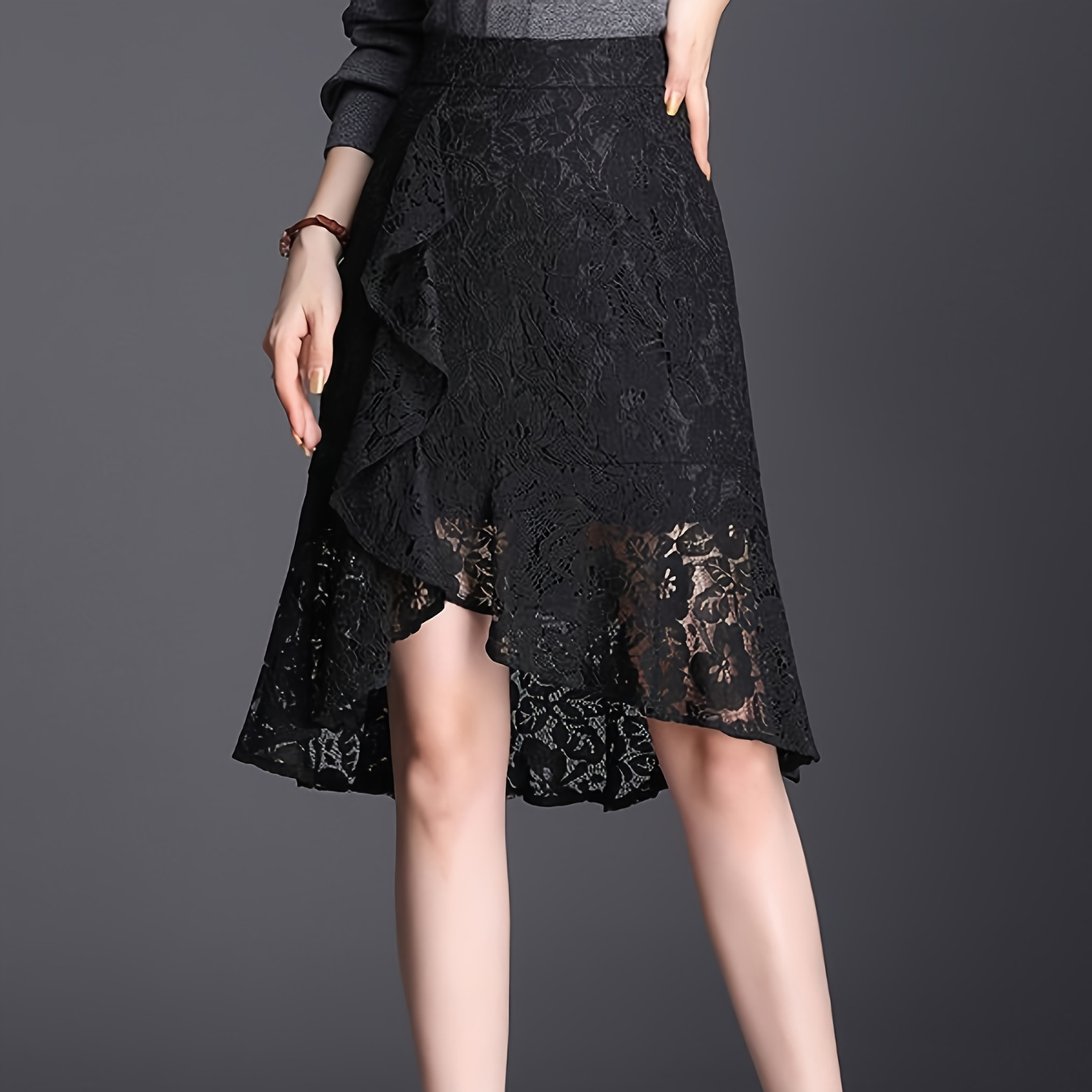 Black Lace Skirts High Waist A Line Midi Irregular Fishtail Skirts ...