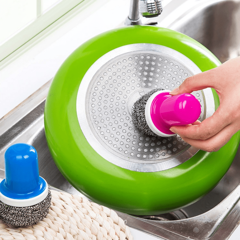 Kitchen Cleaning Tools Stainless Steel Wire Ball Dishwashing Brush With  Handle.