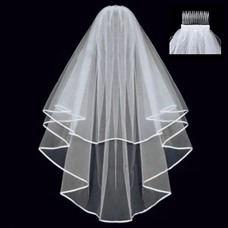 1pc White Bridal Veil with Comb, Hair Brush 2 Tier Ribbon Edge Tulle Double Layer Wedding Short Veil Elegant Fairy Romantic Style Accessories,Temu