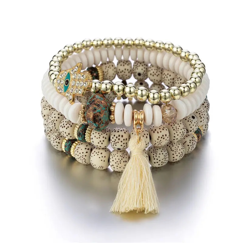 Tassel Palm Eye Pendant Layered Bracelet Ethnic Boho Bangle