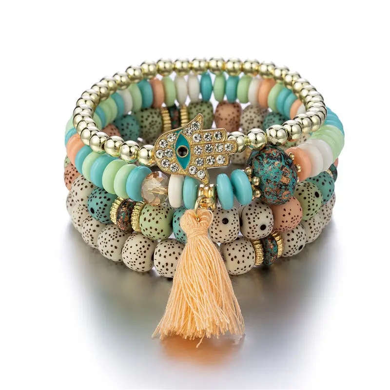 Tassel Palm Eye Pendant Layered Bracelet Ethnic Boho Bangle