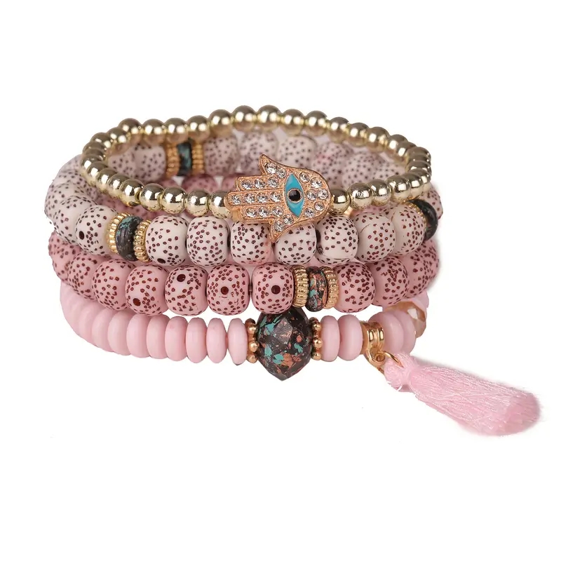 Tassel Palm Eye Pendant Layered Bracelet Ethnic Boho Bangle