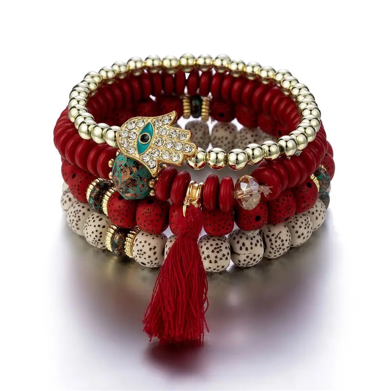 Tassel Palm Eye Pendant Layered Bracelet Ethnic Boho Bangle