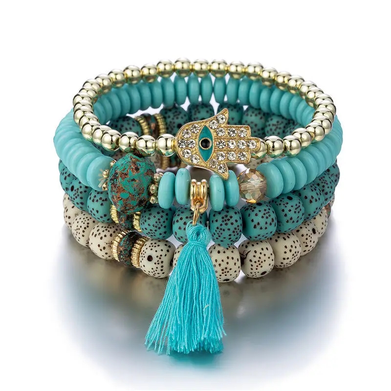 Tassel Palm Eye Pendant Layered Bracelet Ethnic Boho Bangle