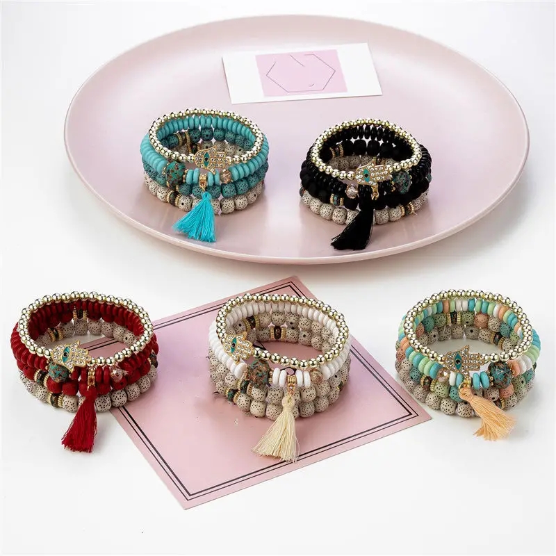 Tassel Palm Eye Pendant Layered Bracelet Ethnic Boho Bangle