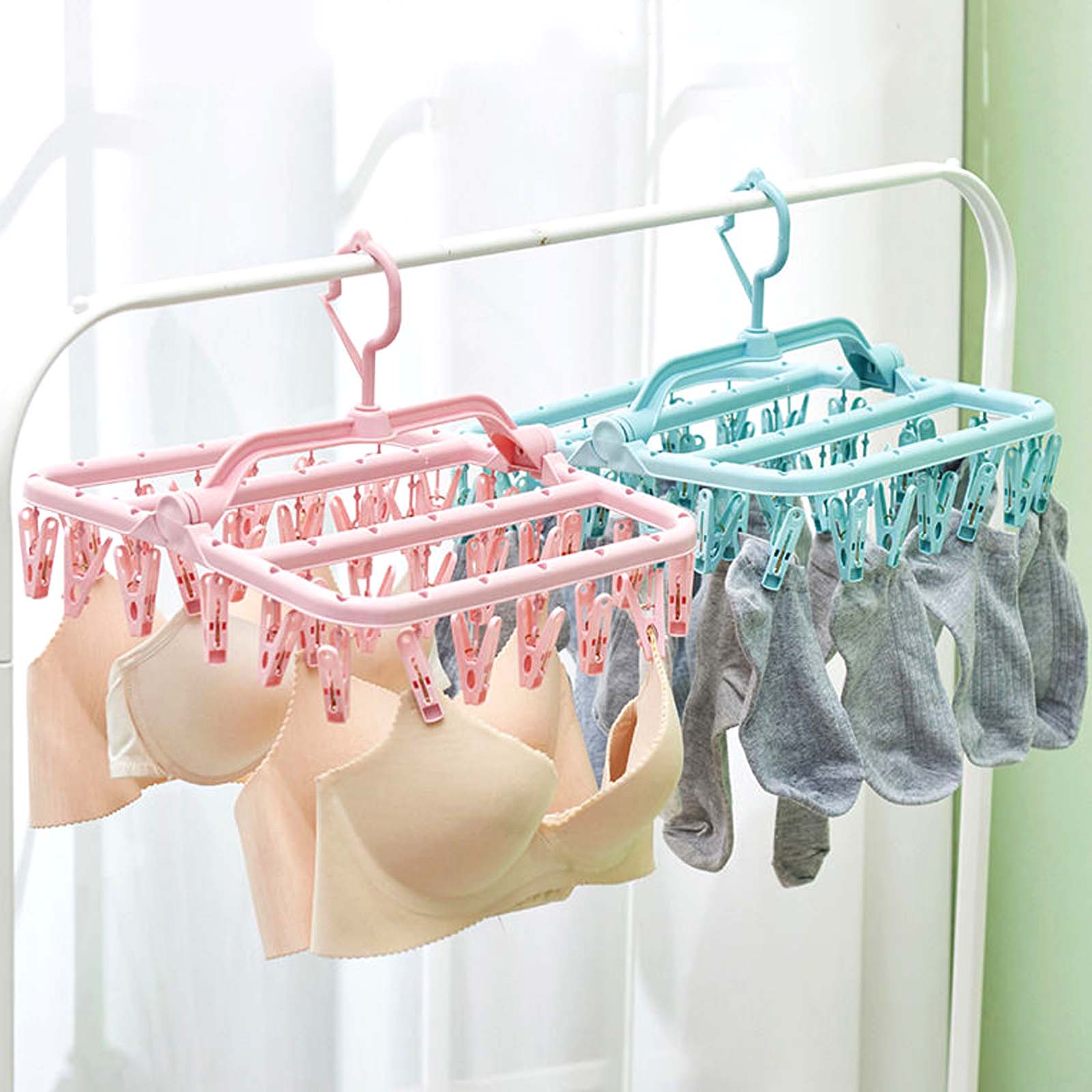 rUrEu Perchas de plástico para secar ropa, con múltiples clips, para colgar  en la pared, plegable, balcón, baño, secado, ropa interior, calcetines