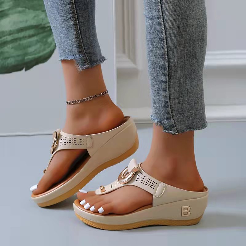 New Womens Ladies Khaki Flip Flops Wedges Platform Summer Sandals