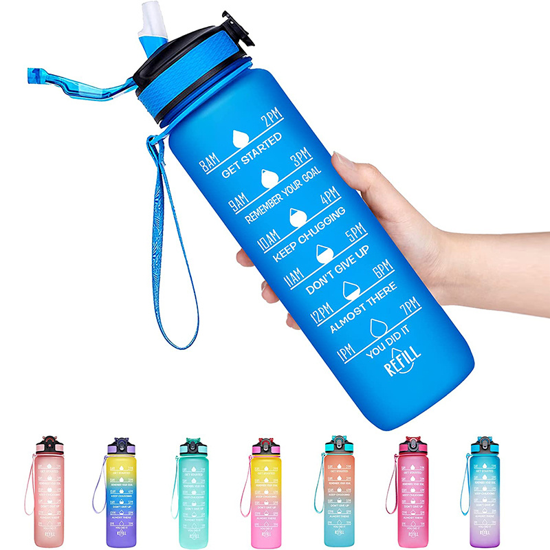 Sports Water Bottle With Time Markings, BPA Free Frosted Tritan Plastic,  Reusable, Eco Friendly Drink Bottle 1 Litre 32 Oz 