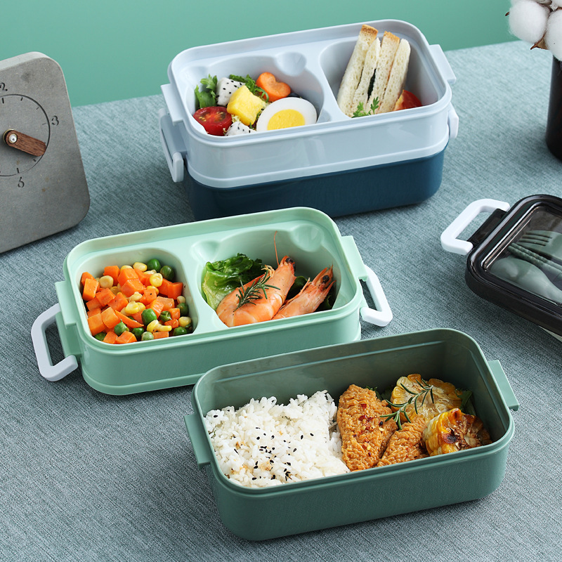 1050ml Double Layer Lunch Box w/Tableware for Outdoor Camping/Fishing