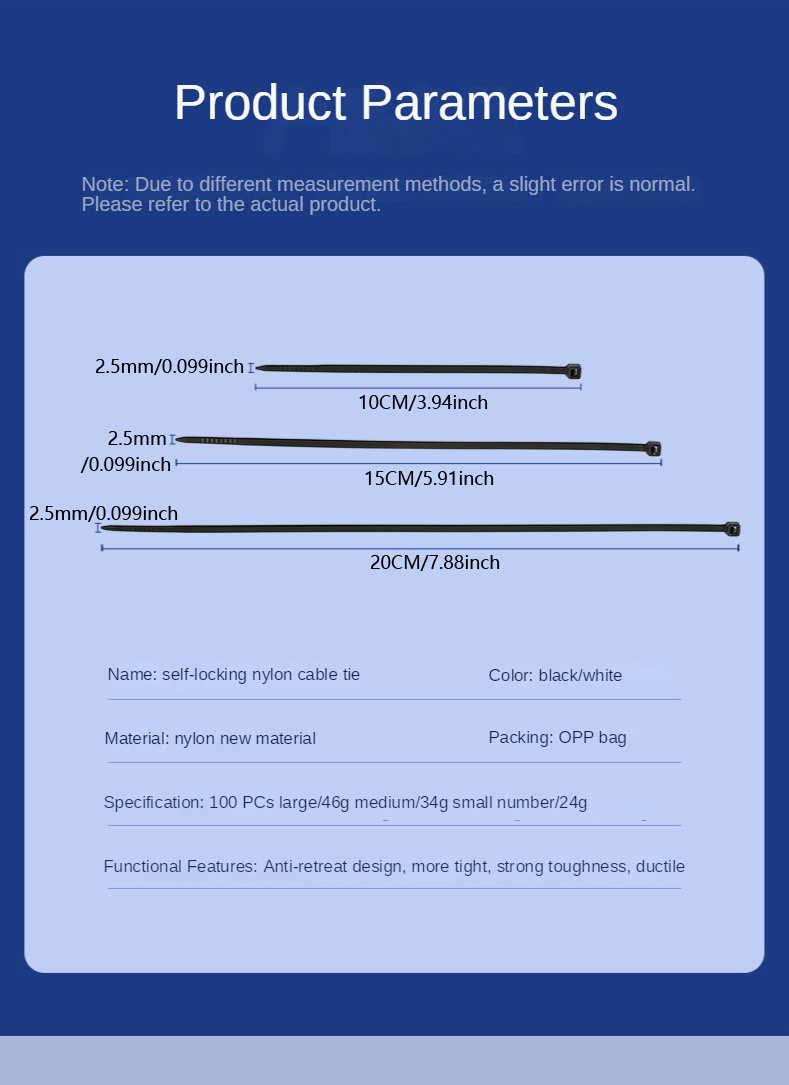 100pcs/bag Zip Ties Cable Ties Heavy Duty Plastic Wire Ties Self Locking Zip Tie Wraps Cord Management For Home, Office, Gardening