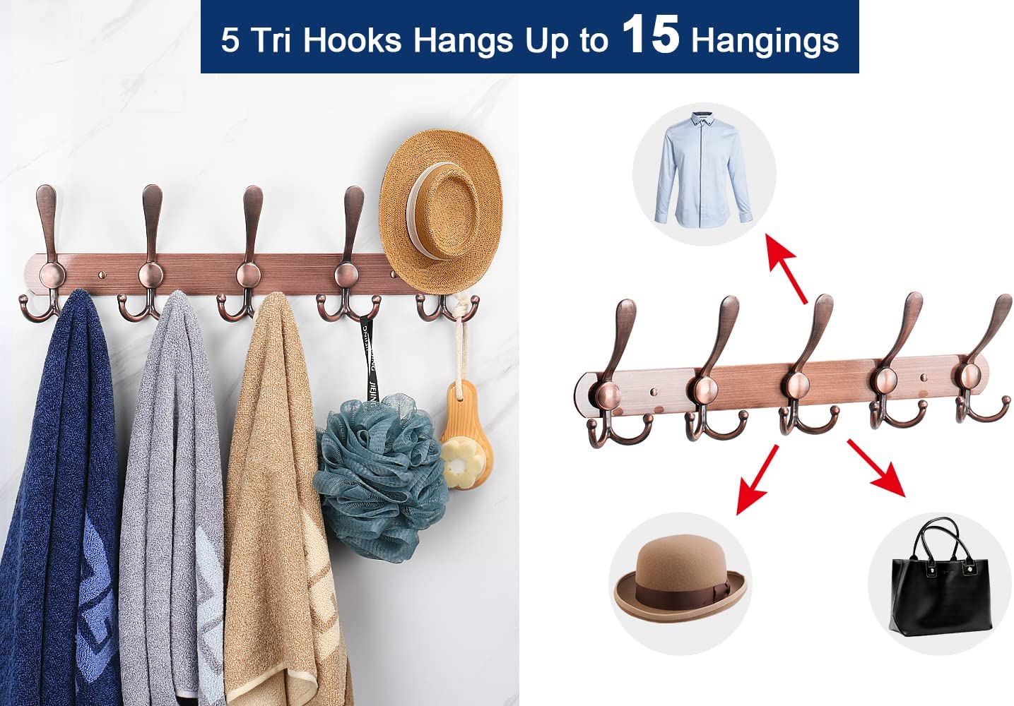  TICONN Wall Mounted Coat Rack, Five Heavy Duty Tri