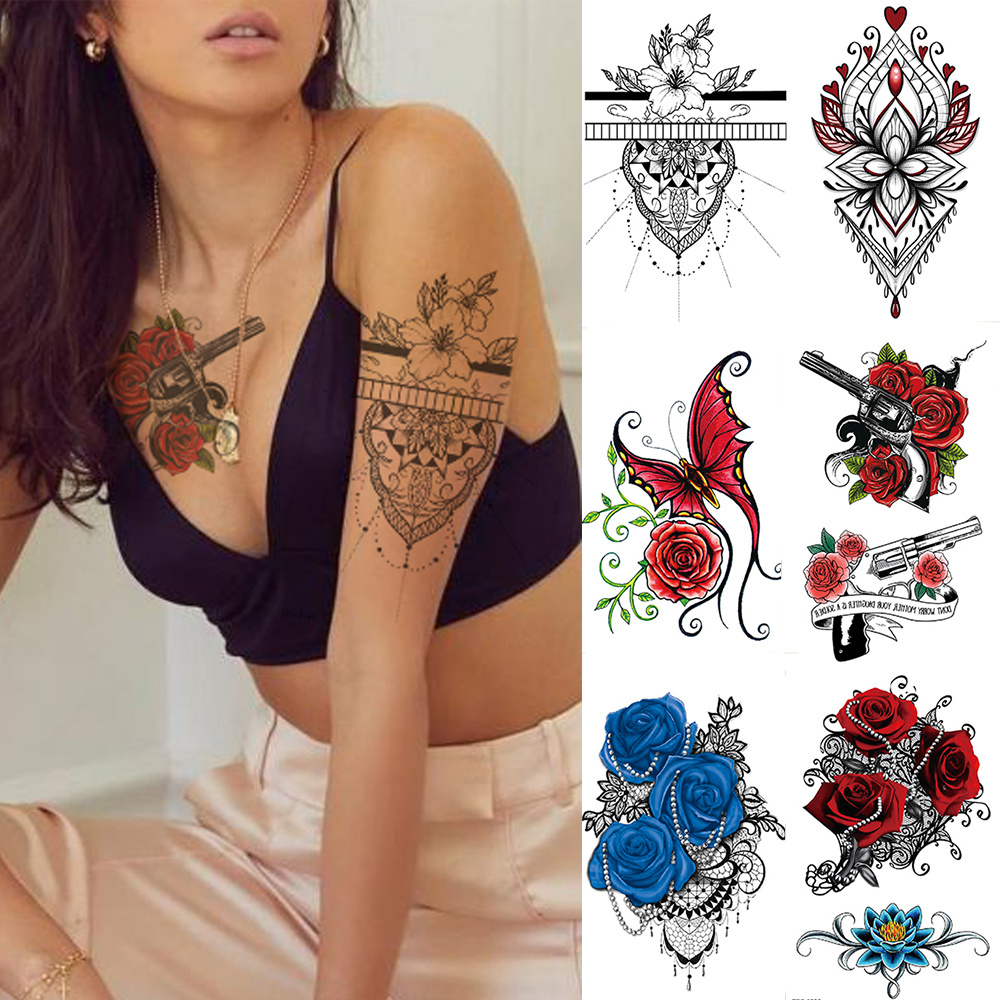 Tatuagem falsa temporária com flor de borboleta, tatuagem flash