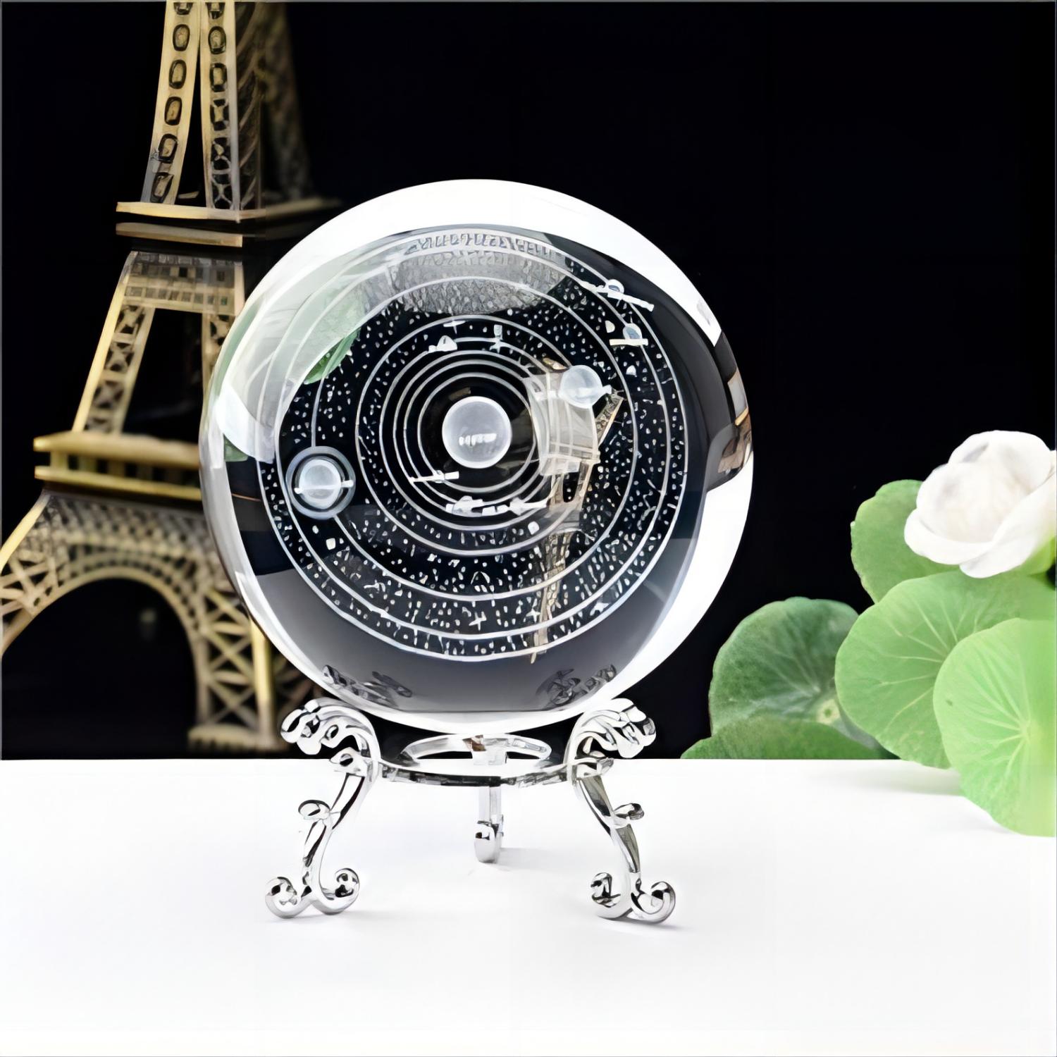 1pc, 3D Galaxy Crystal Ball with Lotus Carving and Silvery Plated Stand -  Decorative Fengshui Glass Ball for Home Decoration