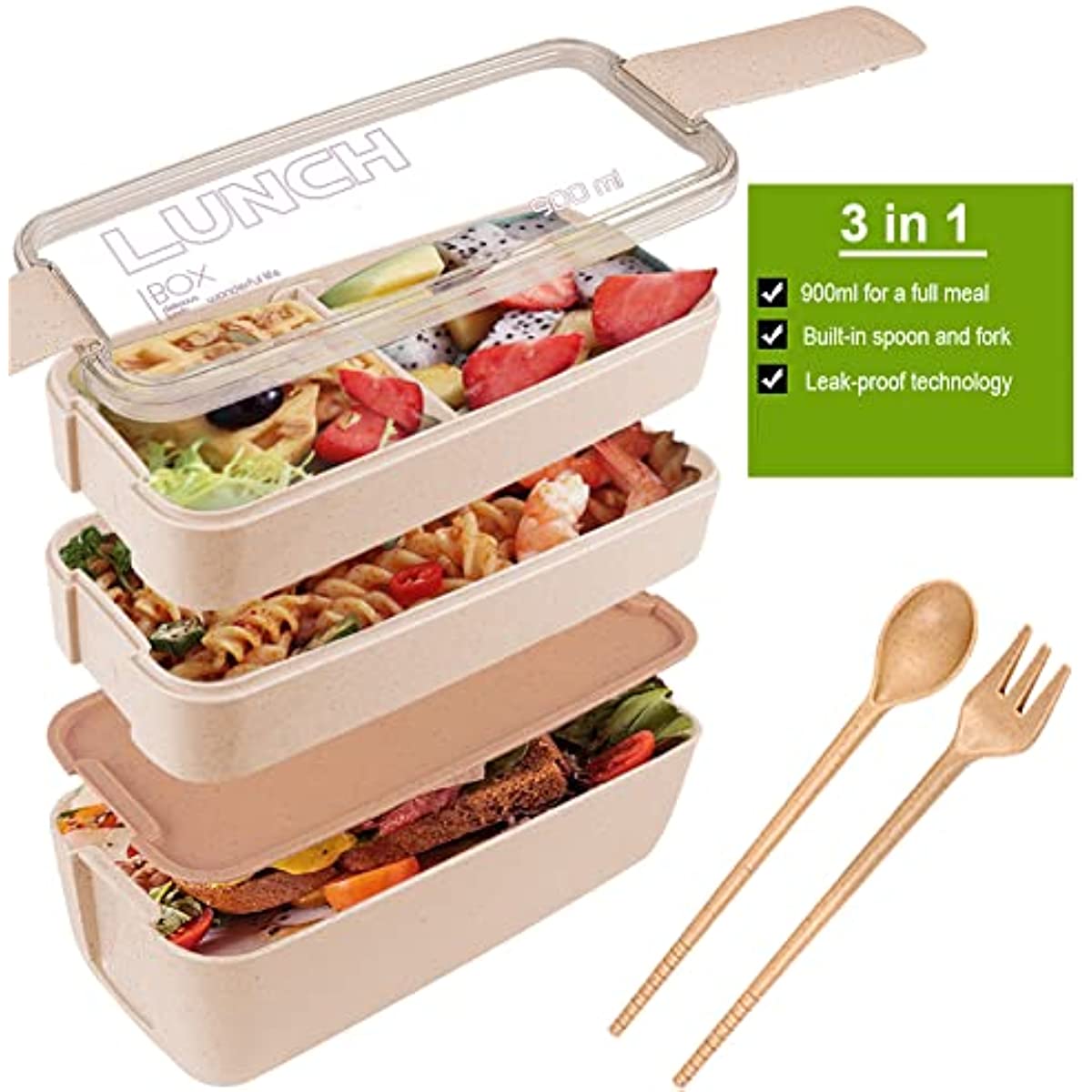 3 Pack Stackable Bento Box Adult Japanese Lunch Box Kit with Spoon & Fork  3-In-1 Compartment Wheat Straw Meal Prep Containers