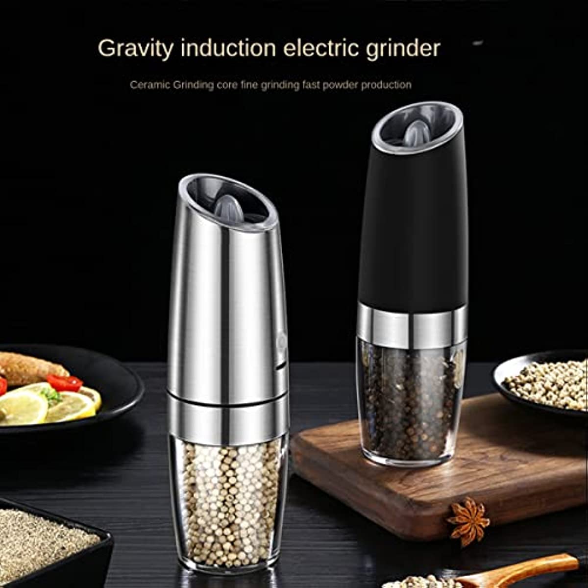  Gravity Electric Salt and Pepper Grinder Set, Battery Operated, Automatic  Salt and Pepper Mills with Blue Light(Black, 2pcs/Pack), Adjustable  Coarseness,One Handed Operation,Cleaning Brush: Home & Kitchen