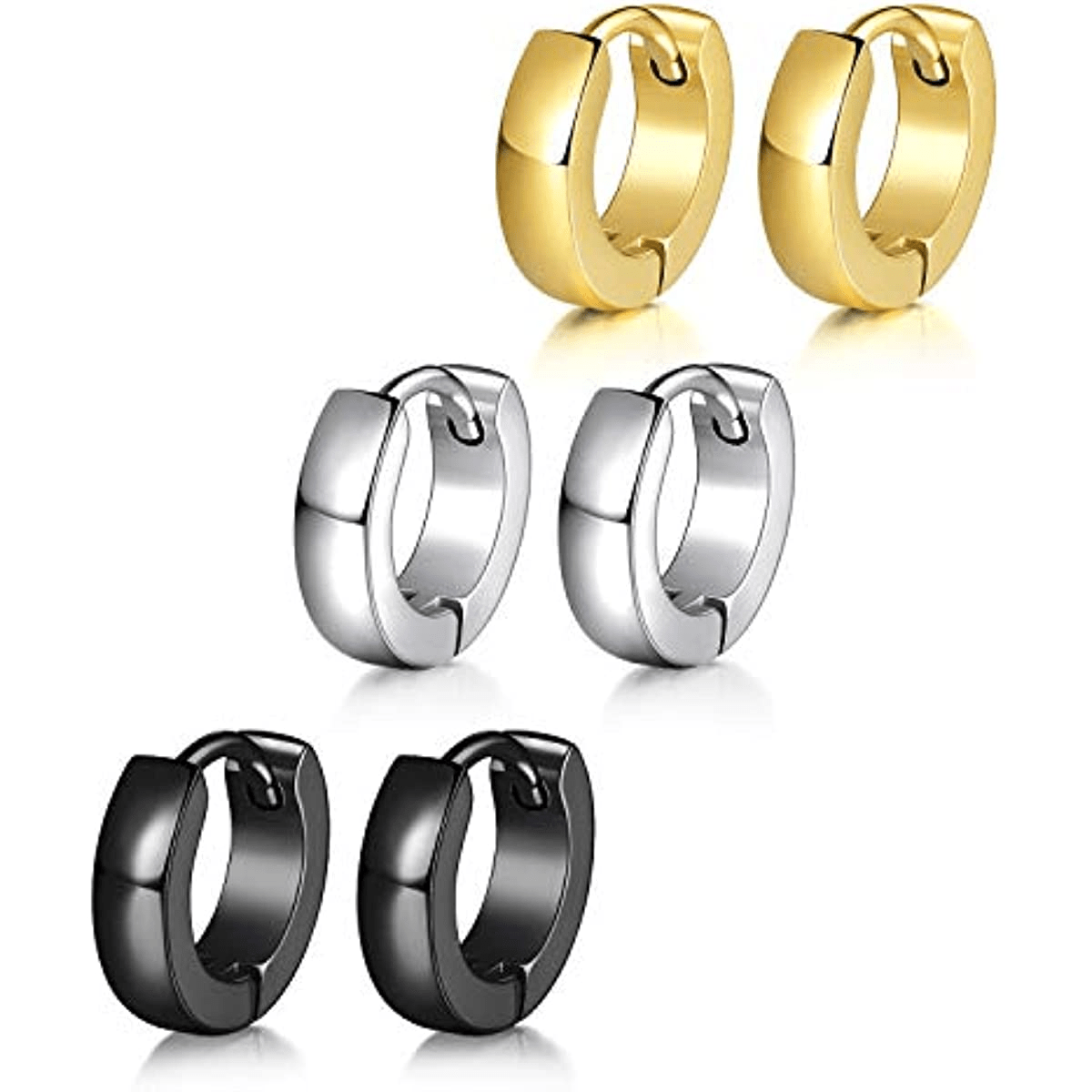 E-shop 6er-Set Punk Männer Kleine Huggie Ohrringe in Goldfarbe, Schwarzer Edelstahl Runde Glatt Kreis Creolen Schmuck