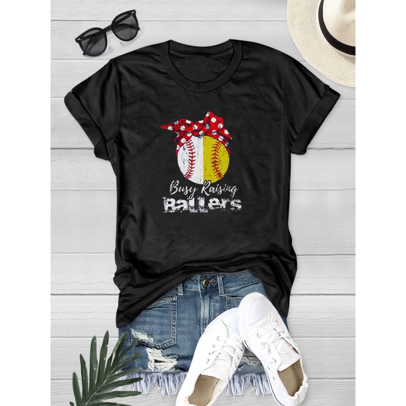 Baseball Shirt Women Busy Raising Ballers Shirt Funny Baseball Mom Short  Sleeve Tee Top at  Women’s Clothing store