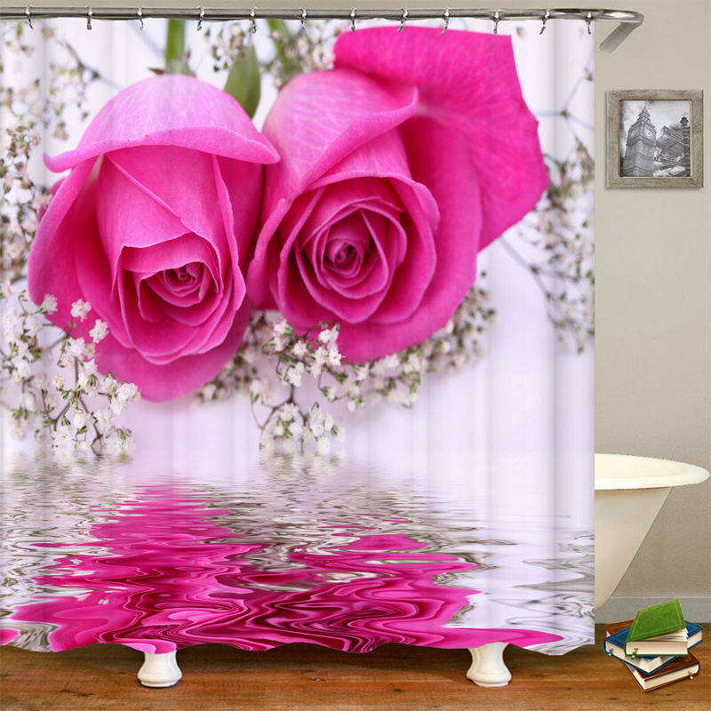 4 Pcs Bathroom Shower Curtain Set,Waterproof Red Rose Valentine's Day Shower Curtain Sets with Rugs(Bath Mat, Pedestal Rug and Toilet Lid Cover Mat)