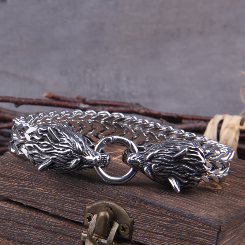 E-shop Niemals Verblasst Rock Viking Wolf Charm Armband Herren 304 304 Edelstahl Mesh Kette Silberfarbene Farbe Wolf Punk Armbänder Biker Schmuck