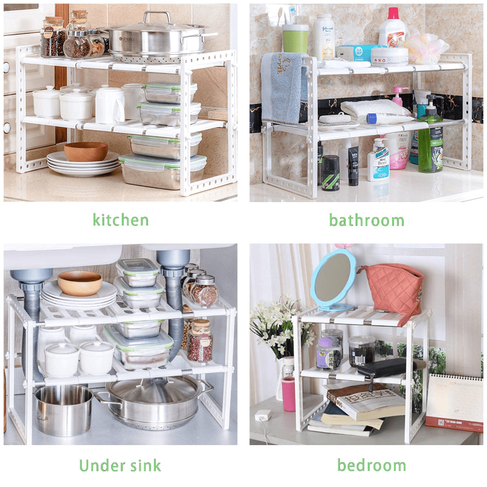 Under Sink Rack 2 Tiers Kitchen Expandable Cabinet Shelf Organizer Bath  Storage