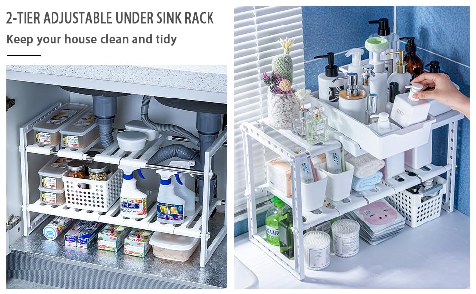 Simple Trending 2 Tier Under Sink Expandable Cabinet Shelf Organizer R