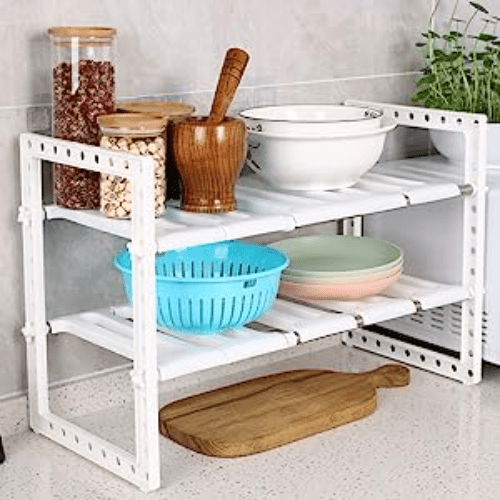 POJORY Under Sink Organizers, 2 Tier Expandable Cabinet Shelf Organizer  with 8 Detachable Panels for Under Kitchen Bathroom Storage, Multi-Use  Under