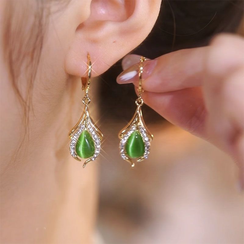 1 Pair of Green Earrings Retro Design High end Geometric Opal Earrings Women's Jewelry