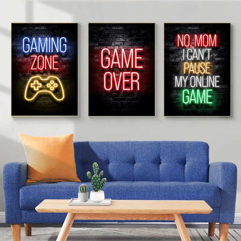 3pcs unframed neon gaming poster wall art decals for home and playroom decor fashionable canvas painting with game zone design details 3