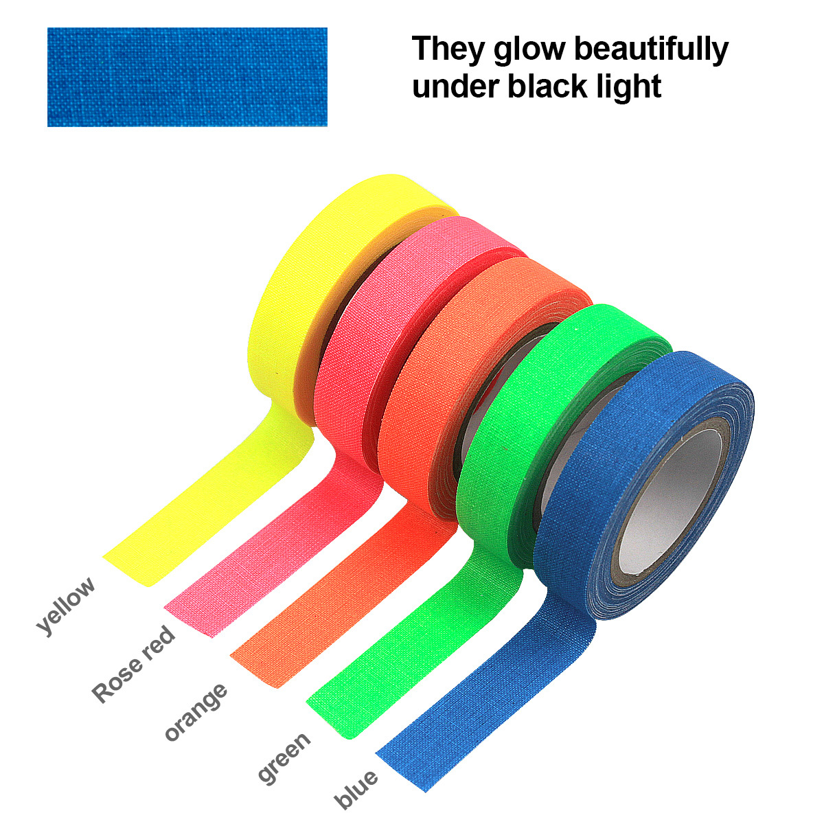 5 Rolls Fluorescent Cloth Tape 12.7mm X 5m/0.6x196.9in Luminous Neon Gaffer  Tapes Self Adhesive UV Blacklight Reactive Spike Tape Glow In The Dark Lig