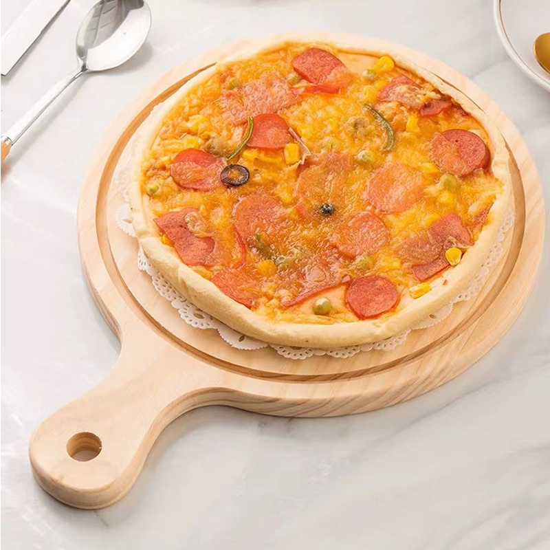 7 Inch Round Natural Bamboo Wooden Pizza Tray With Handle Homemade Pizza Bread Tray Cutting Board Chopping Household Use Wash Wood