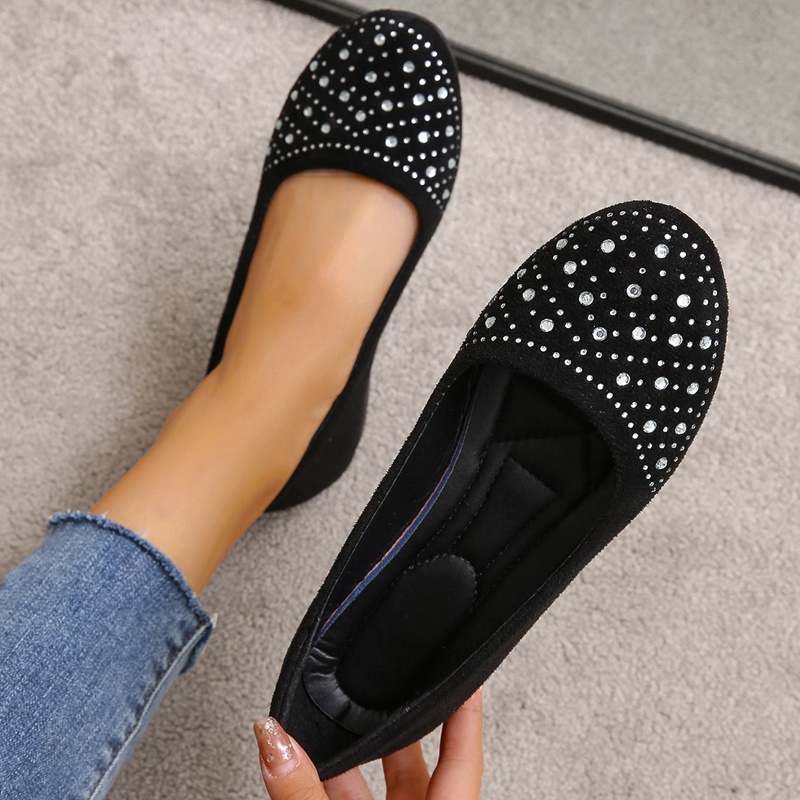 Women's Elastic Crisscross Band Ballet Flats, Rhinestone Decor Slip On  Shoes, Comfy Micro Suede Flat Shoes