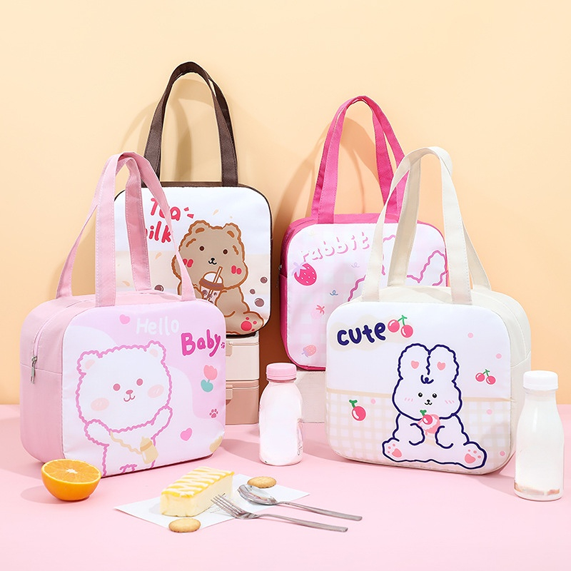 1pc White Cute Lunch Box Bag With Handle, Large Capacity