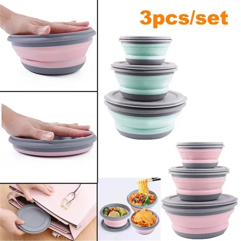 

3pcs Silicone Folding Bowls, Collapsible Storage Bowls With Lids, Foldable Expandable Bowls For Food Water Feeding, Portable Travel Outdoor Camping Essentials