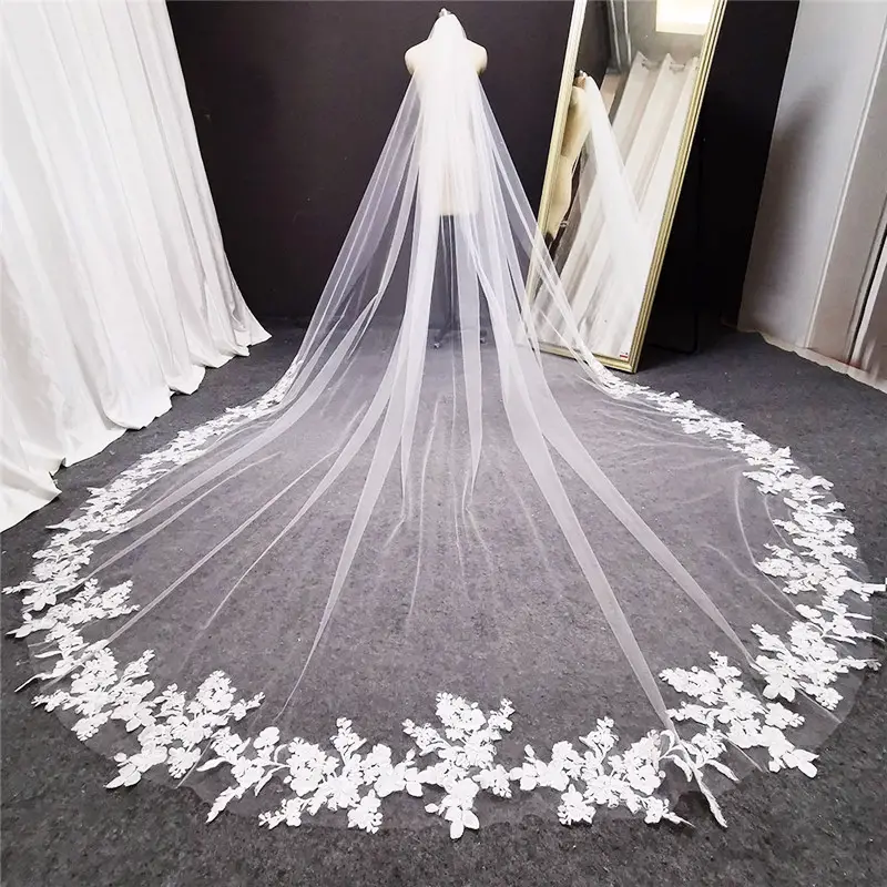 Long Lace Wedding Veil Long White Cathedral Style Bridal - Temu