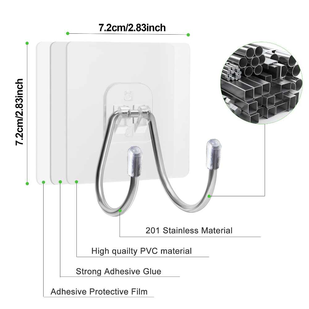 Wall-Hooks Adhesive-Hooks for Hanging - 22 lbs 4-Hooks, Clear Sticky-Hooks,  Stainless Steel Wall Hangers, Waterproof-Hook for Home, Bathroom, Towel
