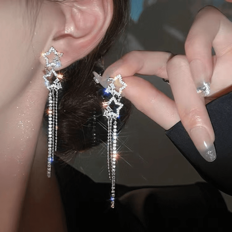 

Hollow Star Long Tassel Earrings Niche Design Double Star Inlaid Zircon Earrings Jewelry Gift