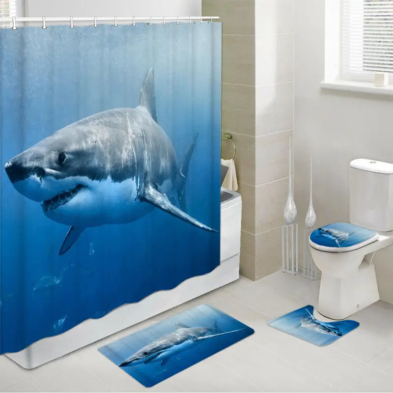 Shark Pattern Waterproof Shower Curtain 12 Hooks Non Slip Temu