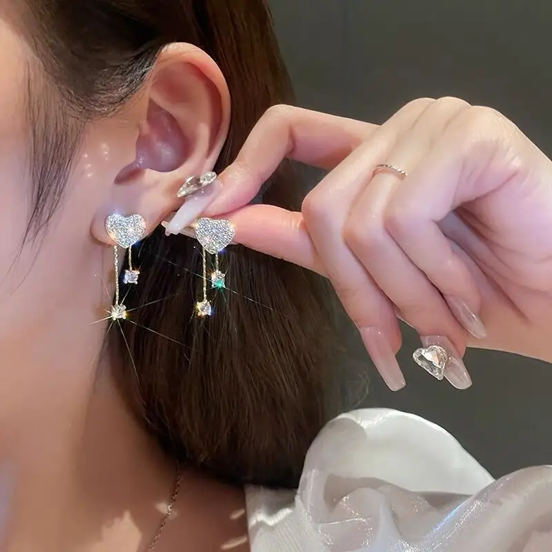 personality asymmetric full zircon heart shaped tassel earrings for women girls details 3