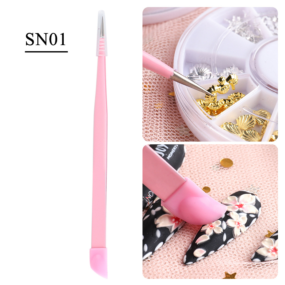 Double Ended Nail Art Tweezers With Silicone Pressing Head, 1pc