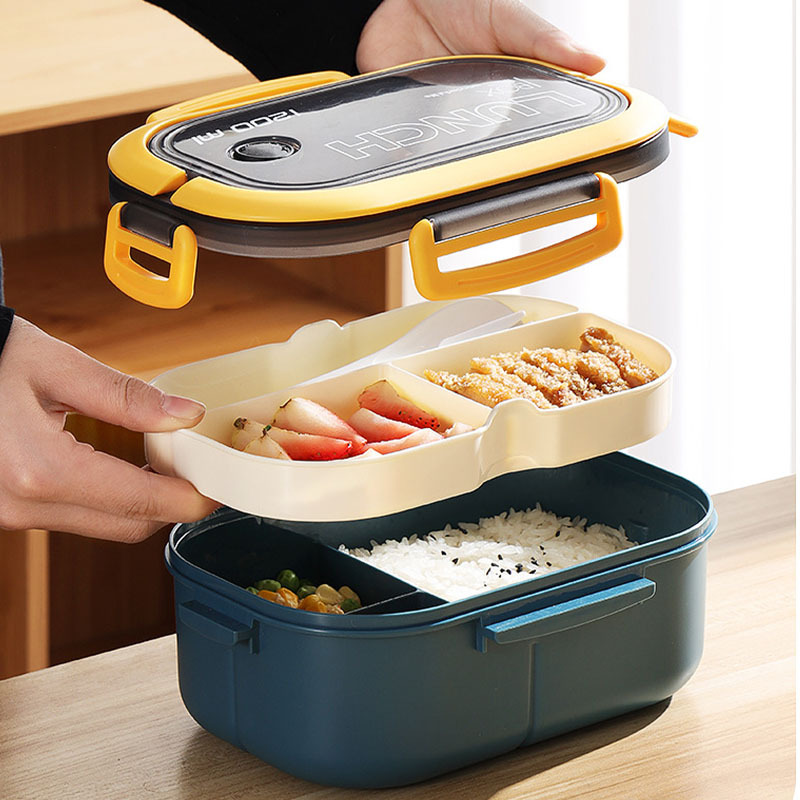 Portable Hermetic Lunch Box 2 Layer Grid Student Bento Box With Fork Spoon  Leakproof Microwavable Prevent Odor School