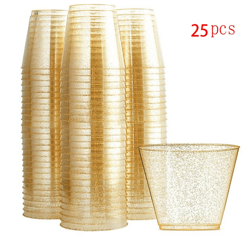 25 Glittered 9 oz Clear Plastic Disposable Cups with Gold Trim