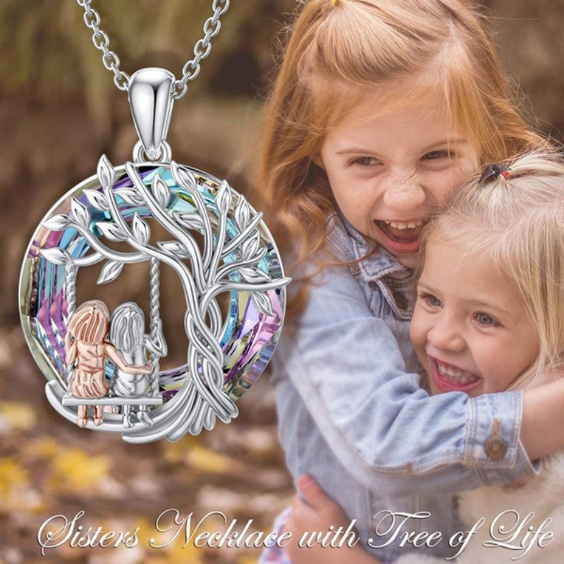 

Creative Cute Tree Of Life Sisters On The Swing Pendant Necklace Decorative Accessories Holiday Birthday Gift For Girls Friends