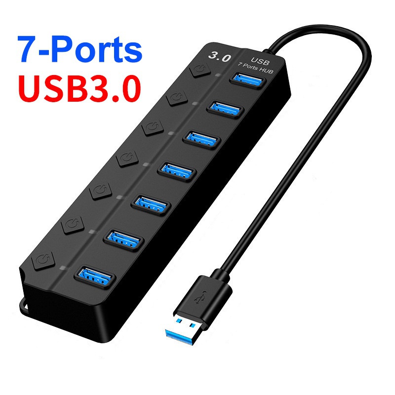  7-Port USB 3.0 Hub with Individual Power Switches and LED  Lights, High-Speed Data Hub Splitter Portable USB Extension Hub for PC  Laptop and More (No Power Adapter) : Electronics
