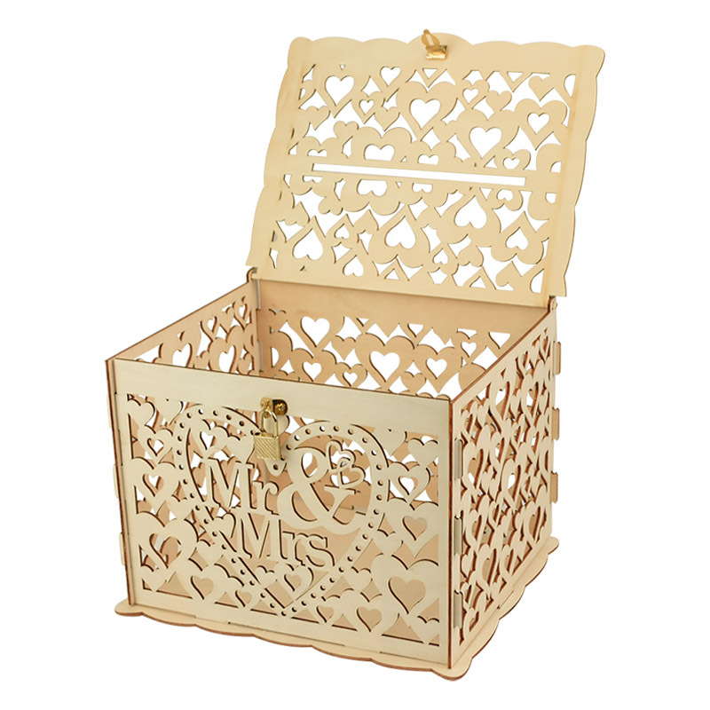 Wooden Wedding Card Box With Lock - Hollow Flower Pattern