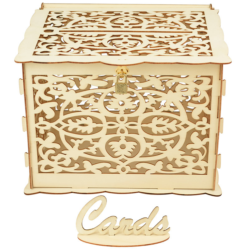 Wooden Wedding Card Box With Lock - Hollow Flower Pattern